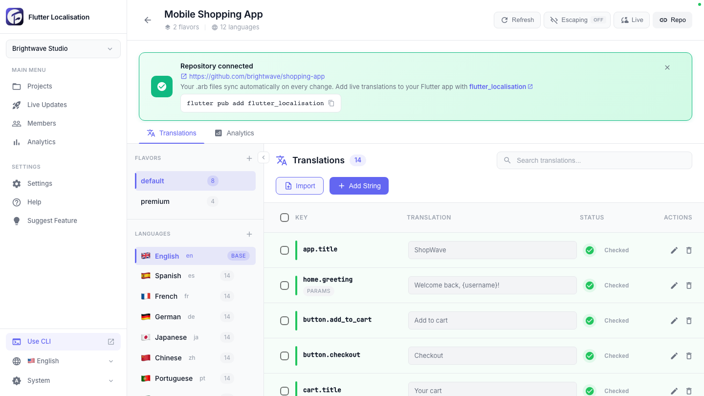 FlutterLocalisation visual translation editor showing side-by-side language comparison